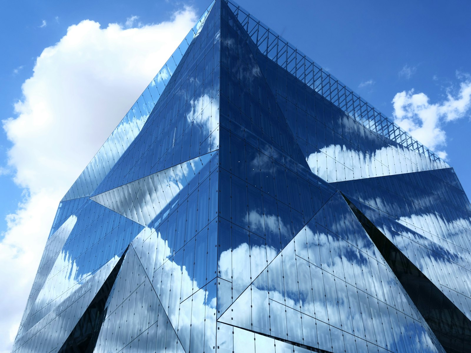 Blue and white glass building